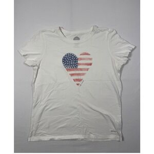 Patriotic Life is Good Womens Large Crusher Tee White American Flag Heart Shirt